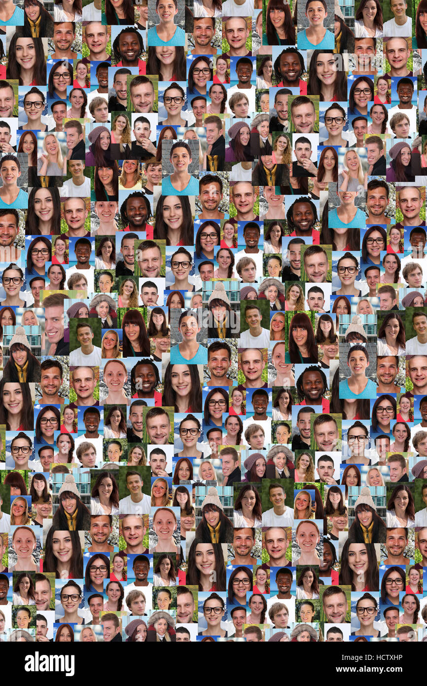 Raccolta di giovani collage di sfondo grande gruppo volti sorridenti dei social media Foto Stock