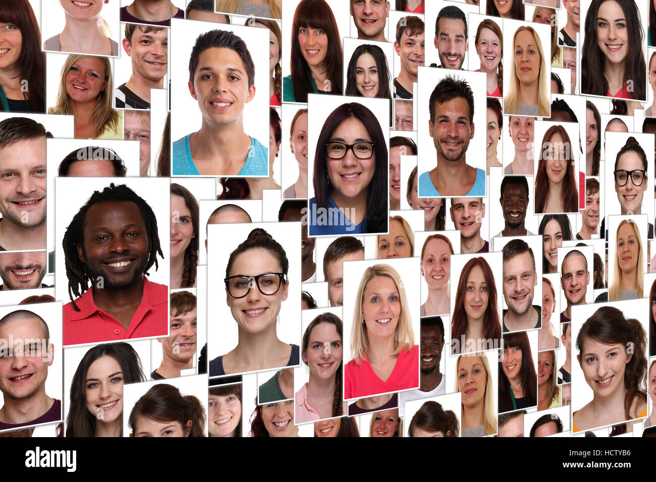 Sfondo gruppo collage Ritratto di giovane sorriso sorridente molte persone Foto Stock