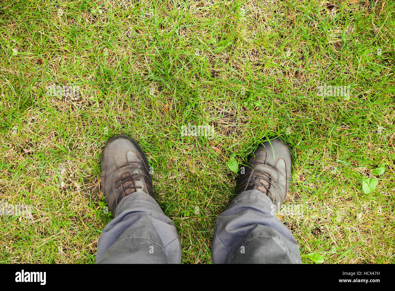 Piedini maschio in pelle marrone scarpe permanente sulla luminosa estate verde erba Foto Stock