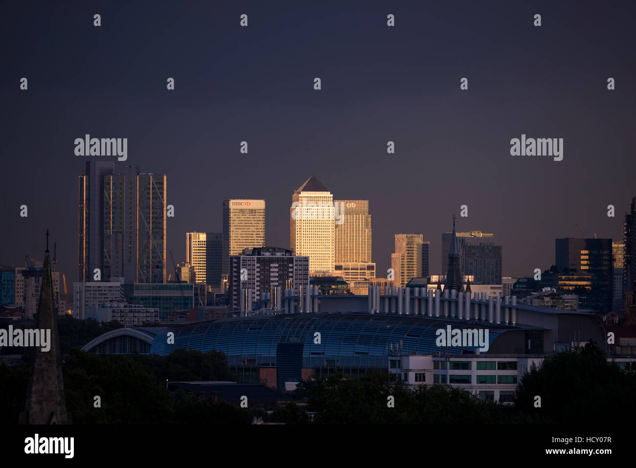 Canary Wharf, Docklands, al tramonto dalla cima di Primrose Hill, London, Regno Unito Foto Stock