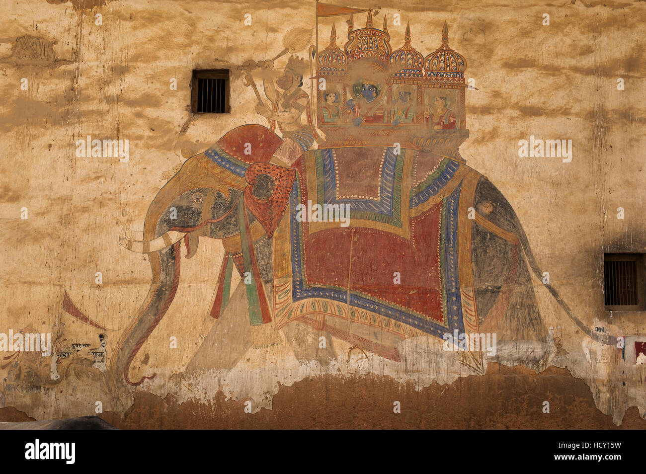 Shekawati affreschi sulle pareti esterne di un Haveli, Rajasthan, India Foto Stock