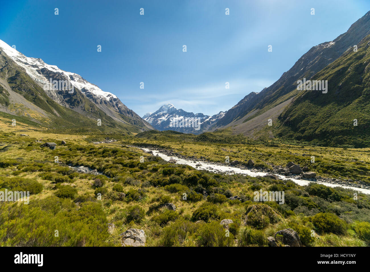 Un ghiacciaio alimentato creek taglia attraverso una valle verde in alta montagna, Isola del Sud, Nuova Zelanda Foto Stock