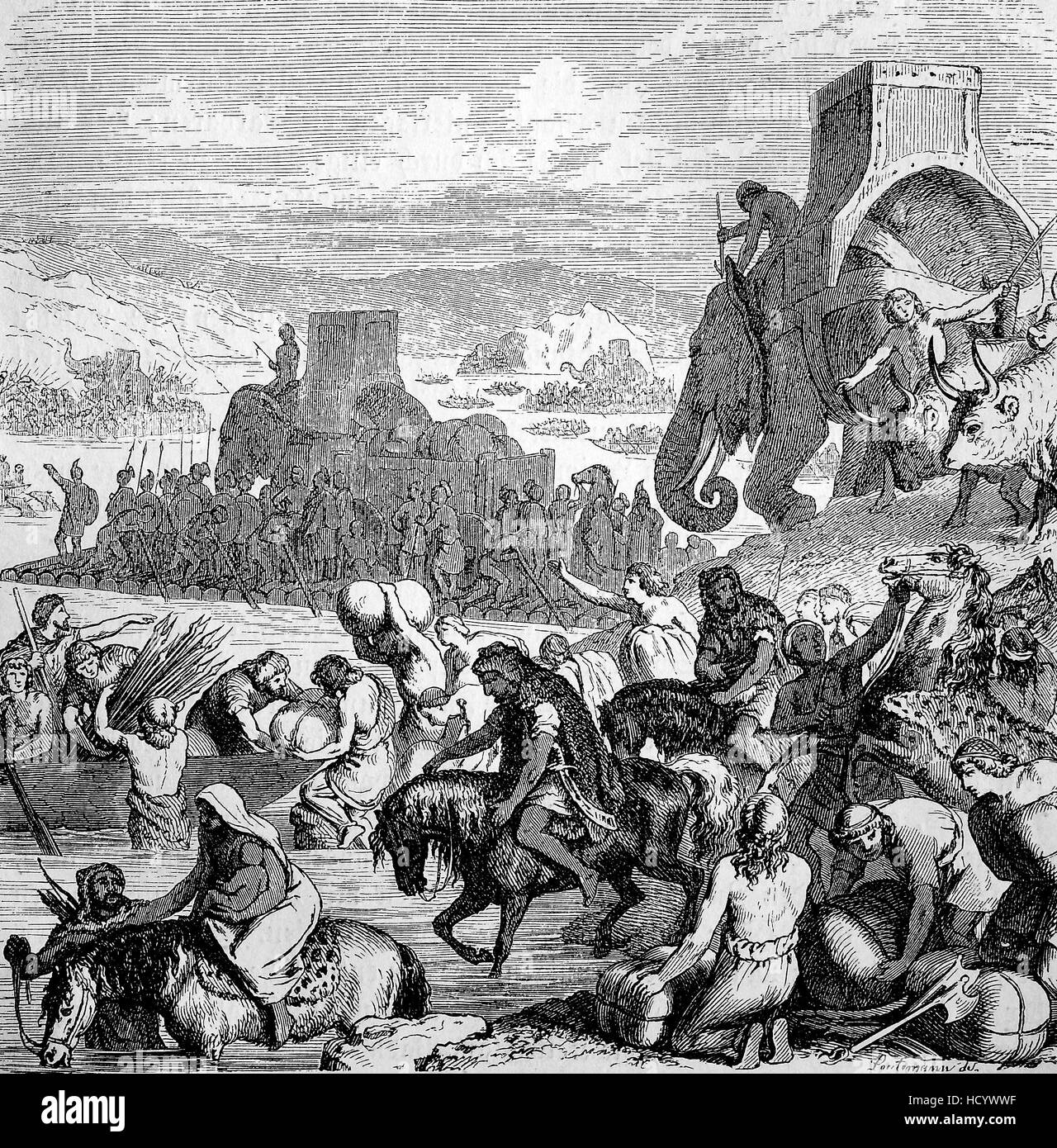 Annibale traversata del fiume Rodano nel 218 A.C. fu uno dei principali avvenimenti della seconda guerra punica, la storia di Roma antica, l'impero romano, Italia Foto Stock