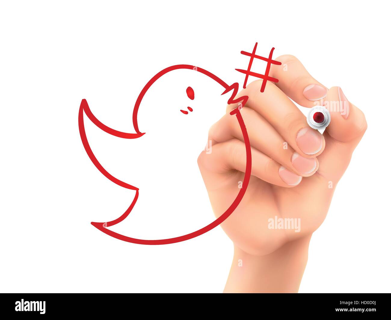Bird con hashtag simbolo disegnato a mano su un pannello trasparente Illustrazione Vettoriale