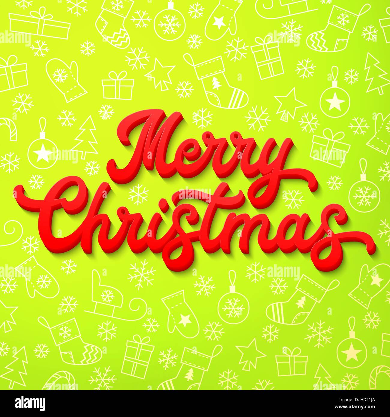 Red 3d Xmas scritte sul verde di Natale sfondo con slittini, alberi, sfere, doni. Decorazione di natale per le stagioni greeting cards design. Font illustrazione vettoriale. Illustrazione Vettoriale