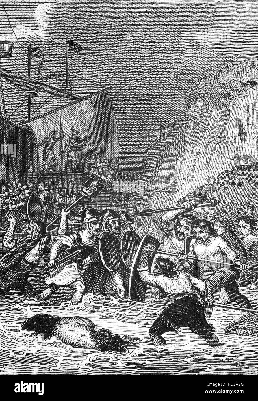 Giulio Cesare invase la Gran Bretagna nel 54 A.C. in atterraggio a Dover, nel Kent nel sud-est dell'Inghilterra Foto Stock