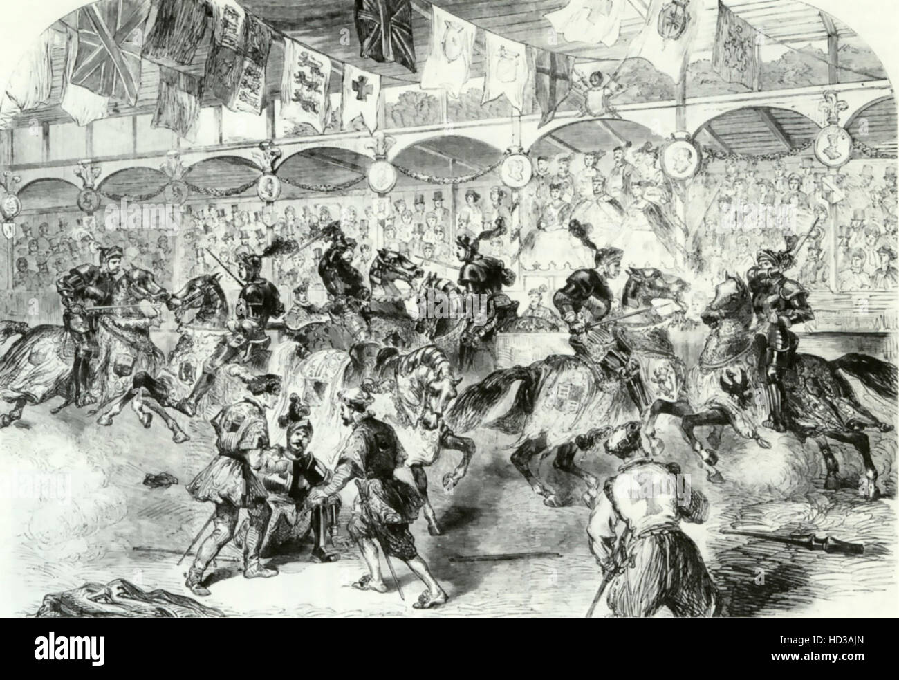 VICTORIAN torneo medievale rievocazione a Cremorne giardini, Kings Road, il Chelsea nel 1863 Foto Stock