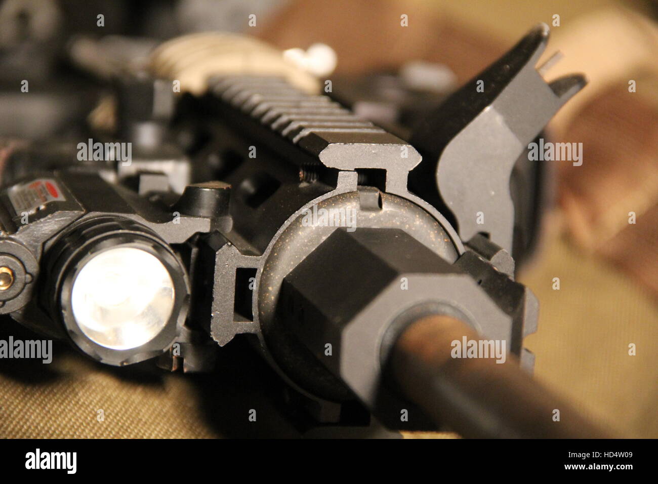 Supporti di rampa, anteriore iron sight, torcia e la vista laser, e altri accessori tattici sul handguard di una personalizzazione AR15 fucile da assalto Foto Stock