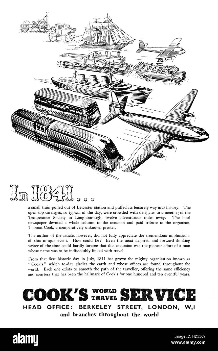 1951 British pubblicità per cuocere il World Travel Service Foto Stock