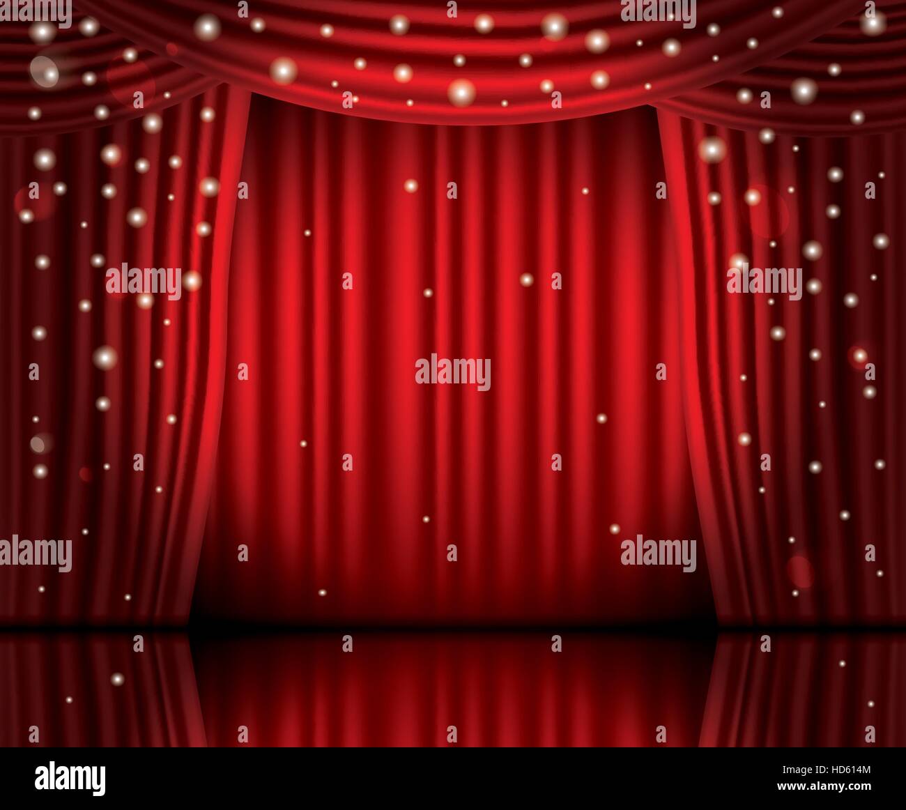 Aprire tende rosse con luci al neon e copia dello spazio. Illustrazione Vettoriale. Teatro, Opera o il Cinema scena. Illustrazione Vettoriale