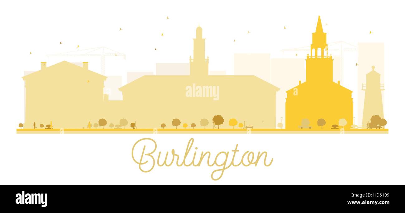 Burlington skyline della città golden silhouette. Illustrazione Vettoriale. Piatto semplice concetto per il turismo presentazione, banner, cartellone o web. Illustrazione Vettoriale