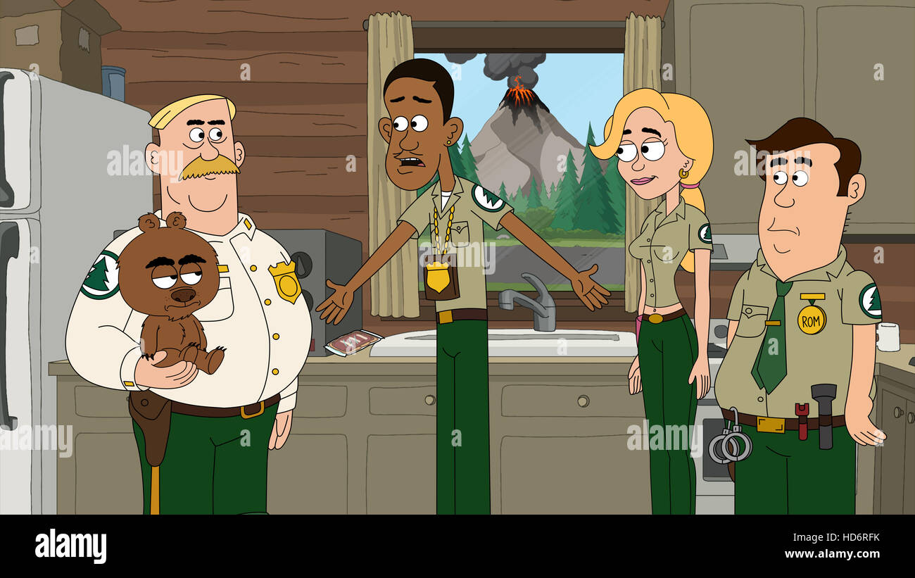BRICKLEBERRY, (da sinistra): Malloy (il grizzly cub), Wooody Johnson, Denzel Jackson, Ethel Anderson, Steve Williams, Foto Stock