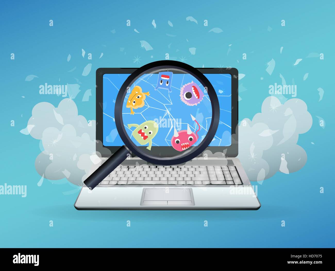 Individuato un virus su un computer portatile rotto Illustrazione Vettoriale