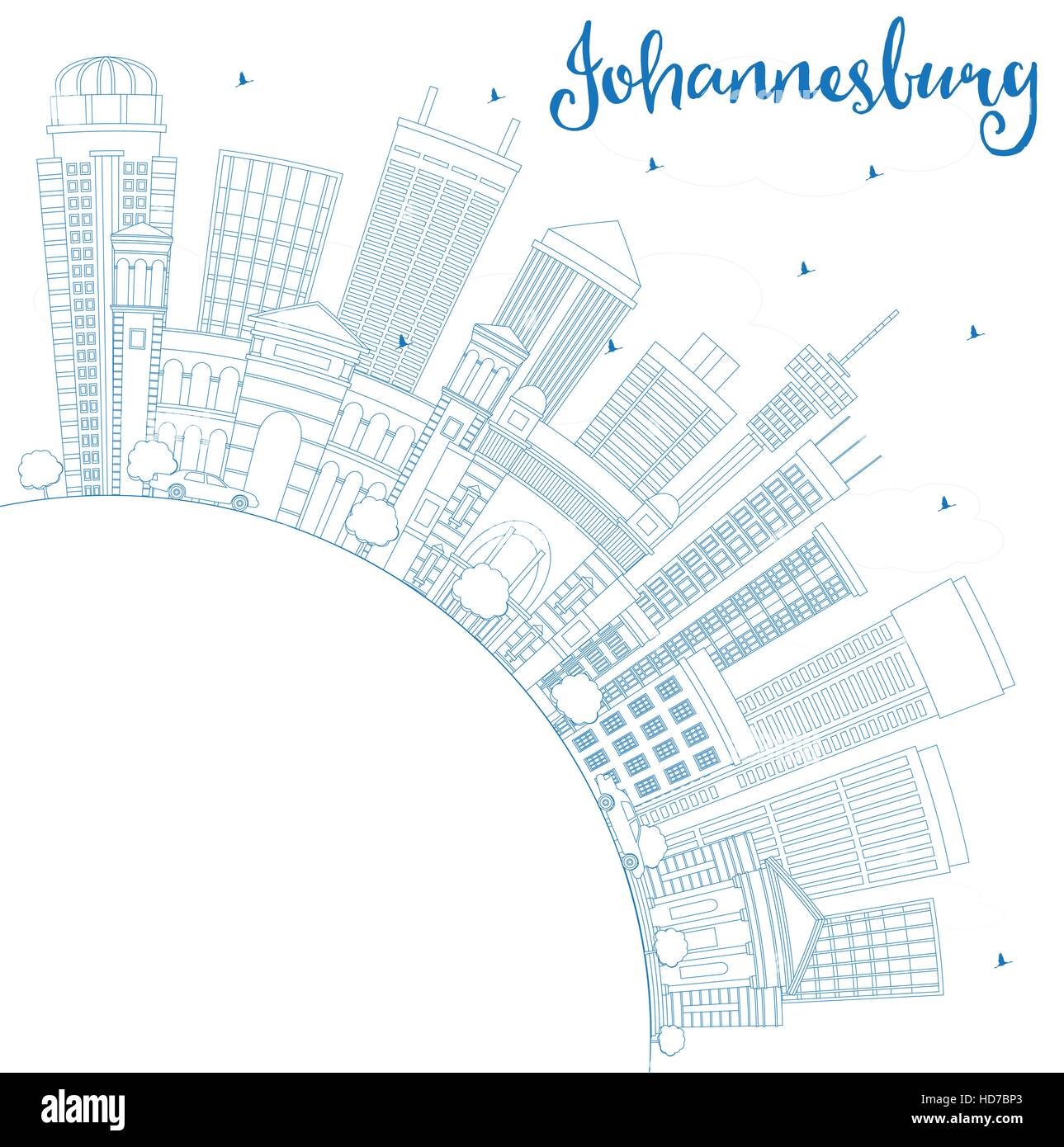 Profilo dello Skyline di Johannesburg con edifici blu e copia di spazio. Illustrazione Vettoriale. Viaggi di affari e turismo Concept Illustrazione Vettoriale