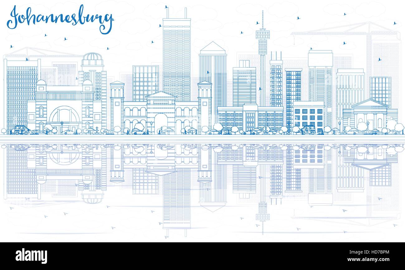 Profilo dello Skyline di Johannesburg con edifici blu e riflessi. Illustrazione Vettoriale. Viaggi di affari e turismo Concept Illustrazione Vettoriale