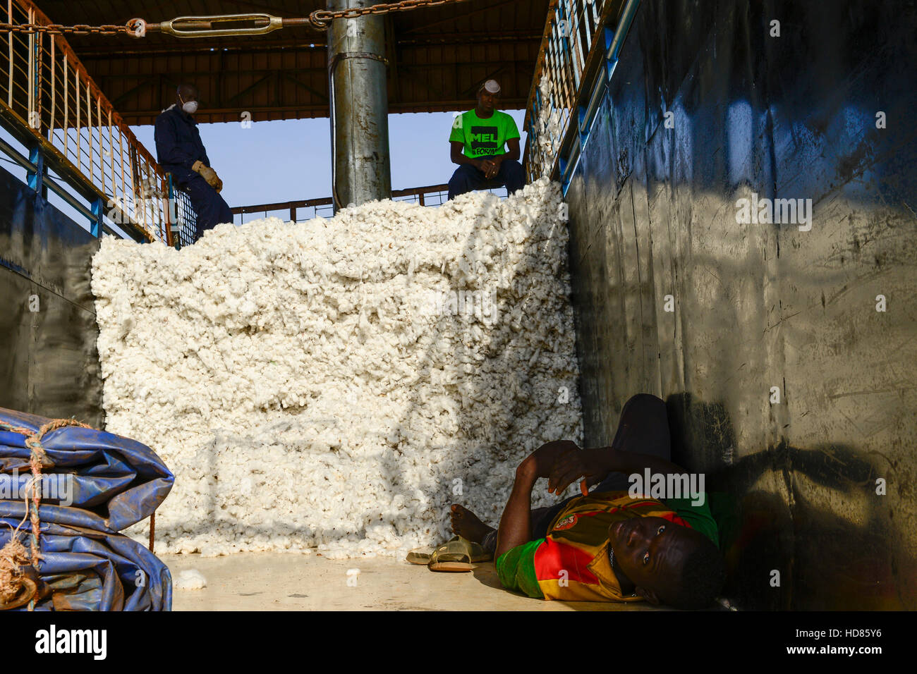 Il BURKINA FASO , Bobo Dioulasso, Société des Burkinabè Fibre tessili SOFITEX sgranatura unità aziendale Bobo io, la lavorazione convenzionale e manipolazione del gene Bt di Monsanto cotone / SOFITEX, Fabrik fuer Baumwollentkernung Werk Bobo I, Verarbeitung von konventioneller und genmanipulierter Monsanto Baumwolle, Anlieferung der Baumwolle Foto Stock