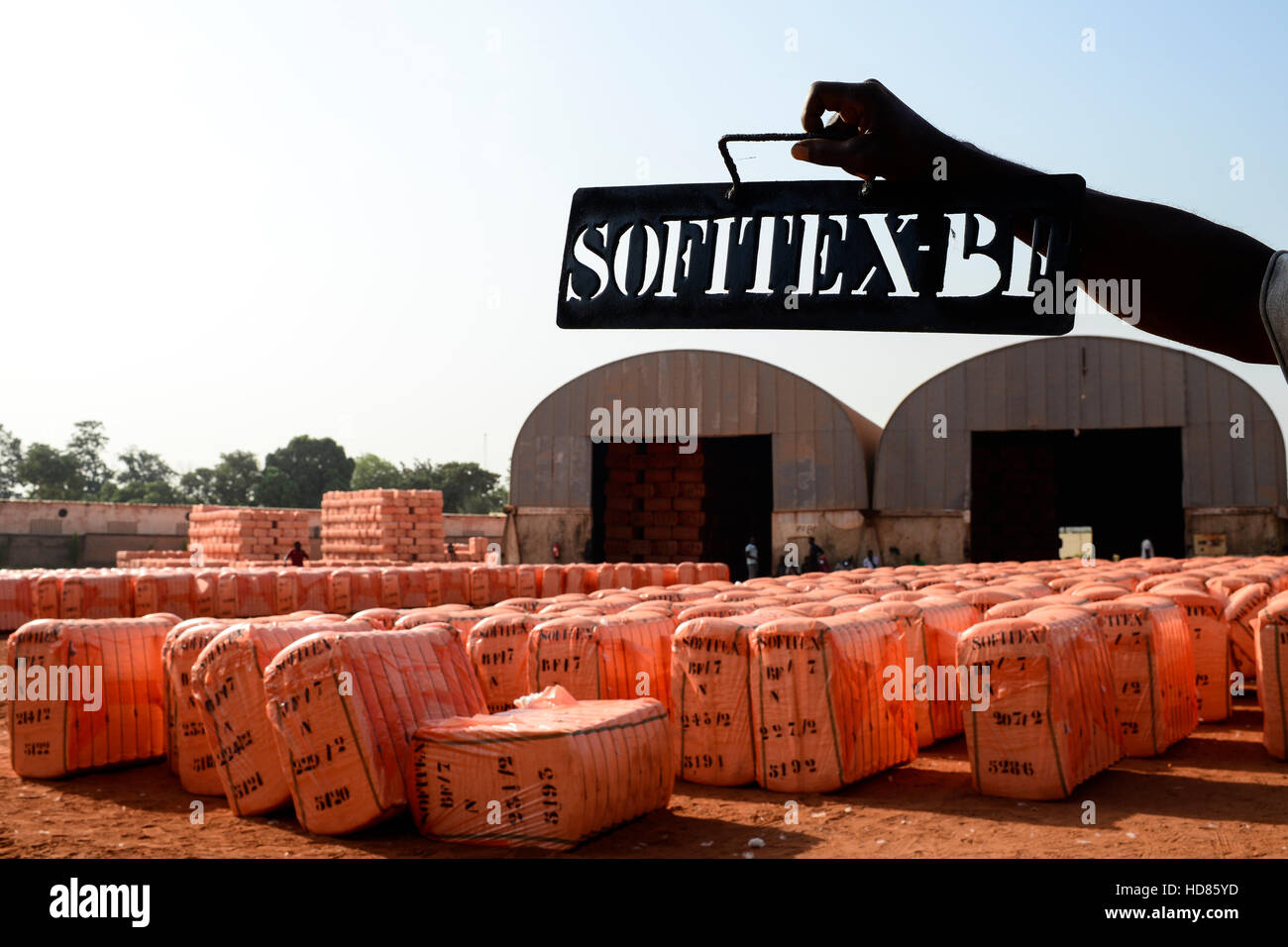 Il BURKINA FASO , Bobo Dioulasso, Société des Burkinabè Fibre tessili SOFITEX sgranatura unità aziendale Bobo io, elaborazione di convenzionali e gene manipolato Monsanto cotone BT, le balle sono pronti per l'esportazione avvolto in della copertura in plastica arancione / SOFITEX, Fabrik fuer Baumwollentkernung Werk Bobo I, Verarbeitung von konventioneller und genmanipulierter Monsanto Baumwolle, Ballen in Plastikfolie fertig fuer den esportazione Foto Stock