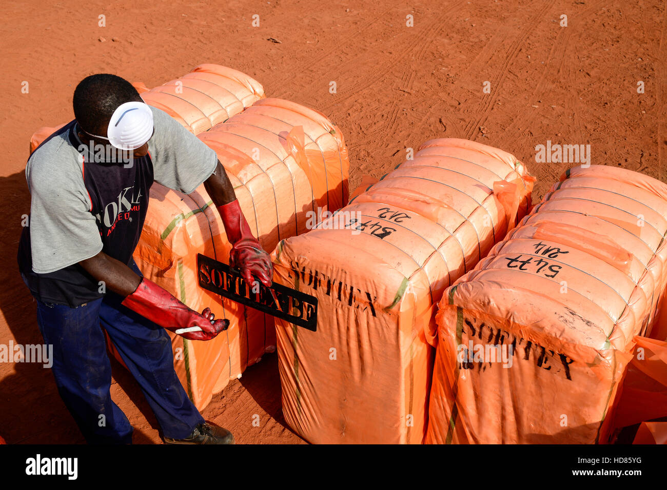 Il BURKINA FASO , Bobo Dioulasso, Société des Burkinabè Fibre tessili SOFITEX sgranatura unità aziendale Bobo io, elaborazione di convenzionali e gene manipolato Monsanto cotone BT, le balle sono pronti per l'esportazione avvolto in della copertura in plastica arancione / SOFITEX, Fabrik fuer Baumwollentkernung Werk Bobo I, Verarbeitung von konventioneller und genmanipulierter Monsanto Baumwolle, Ballen in Plastikfolie fertig fuer den esportazione Foto Stock