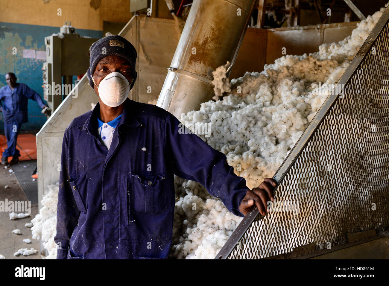 Il BURKINA FASO , Bobo Dioulasso, Société des Burkinabè Fibre tessili SOFITEX sgranatura unità aziendale Bobo io, elaborazione di convenzionali e gene manipolato Monsanto cotone BT, macchina di sgranatura / SOFITEX, Fabrik fuer Baumwollentkernung Werk Bobo I, Verarbeitung von konventioneller und genmanipulierter Monsanto Baumwolle, Entkernungsmaschinen Foto Stock