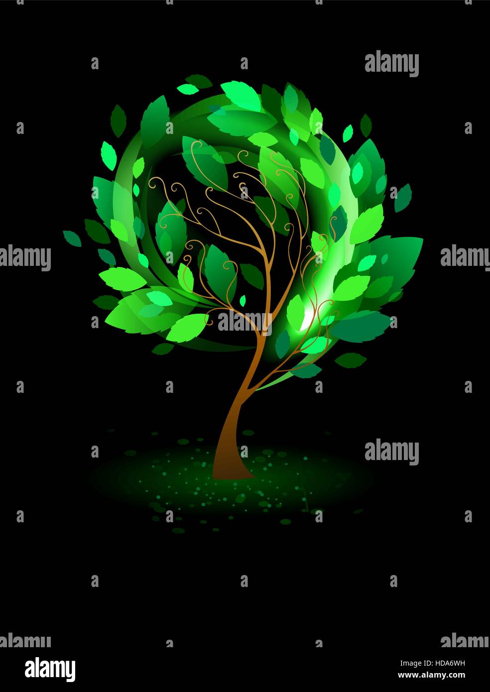 Albero con foglie verdi su sfondo nero Illustrazione Vettoriale