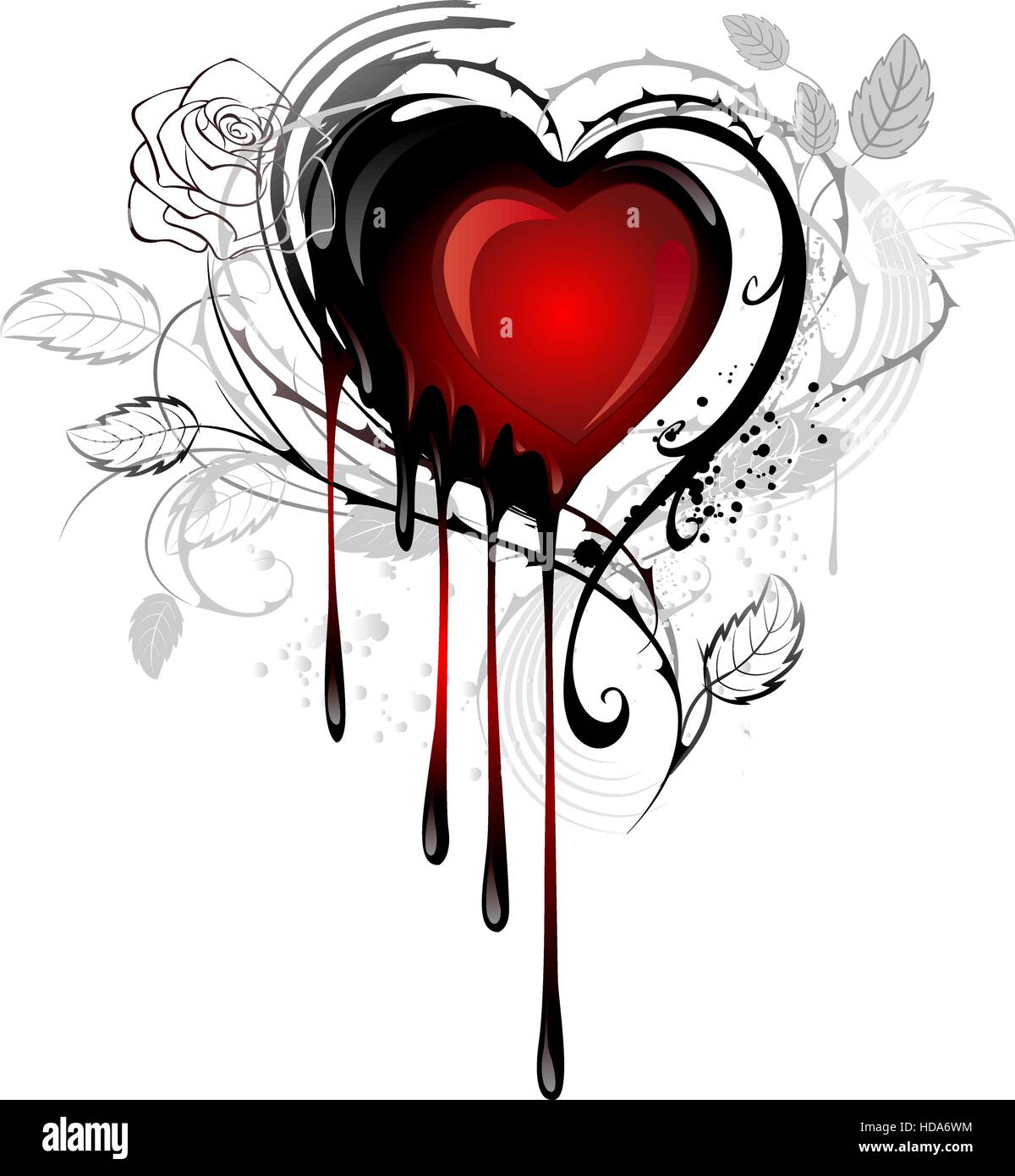Cuore dipinto di nero e la vernice rossa, decorata con peduncoli acuminati delle rose su uno sfondo bianco. Illustrazione Vettoriale