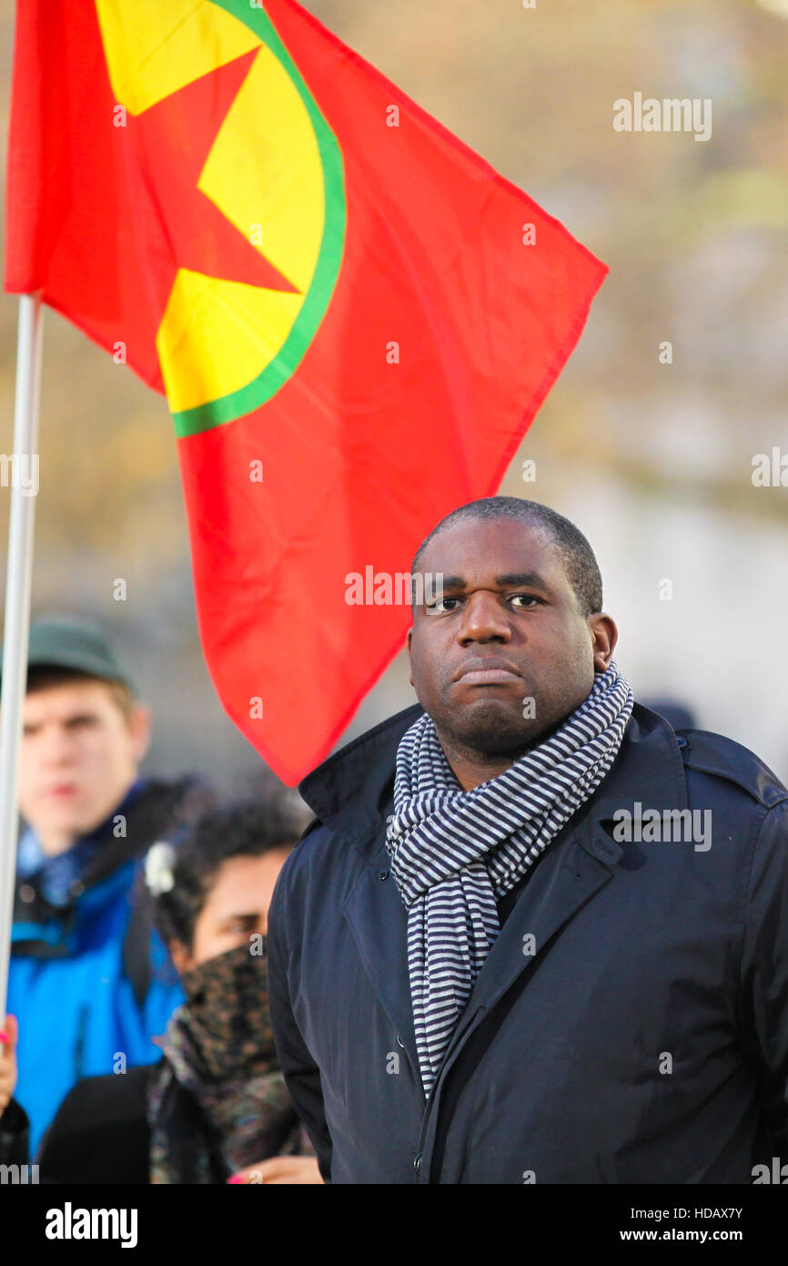 Ambasciata turca , Londra, Regno Unito 11 dic 2016 - David Lammy MP per Tottenham assiste la protesta. Centinaia di manifestanti curdi e i loro sostenitori dimostrare al di fuori dell Ambasciata turca a Londra contro il governo turco la repressione contro i curdi e chiedere il rilascio di due unita leader della Turchia di pro-curdo Partito Democratico del Popolo (HDP) e MPs e prigionieri politici in Turchia. Credito: Dinendra Haria/Alamy Live News Foto Stock