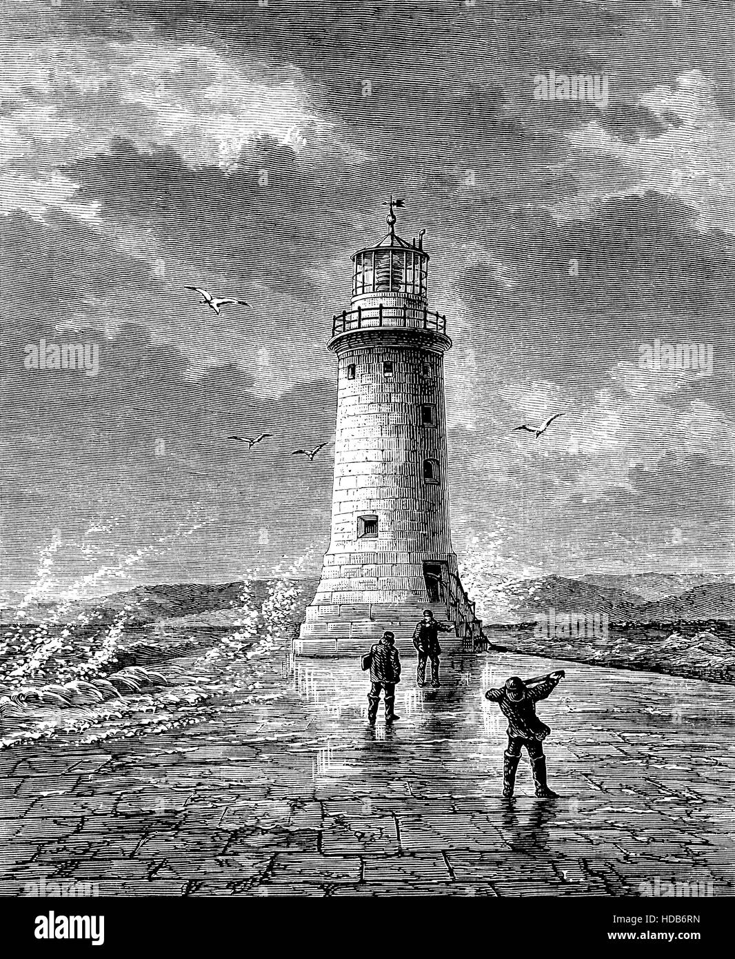 Faro di Plymouth durante le tempeste, illustrazione da 1884 Chatterbox settimanale per bambini: carta Foto Stock