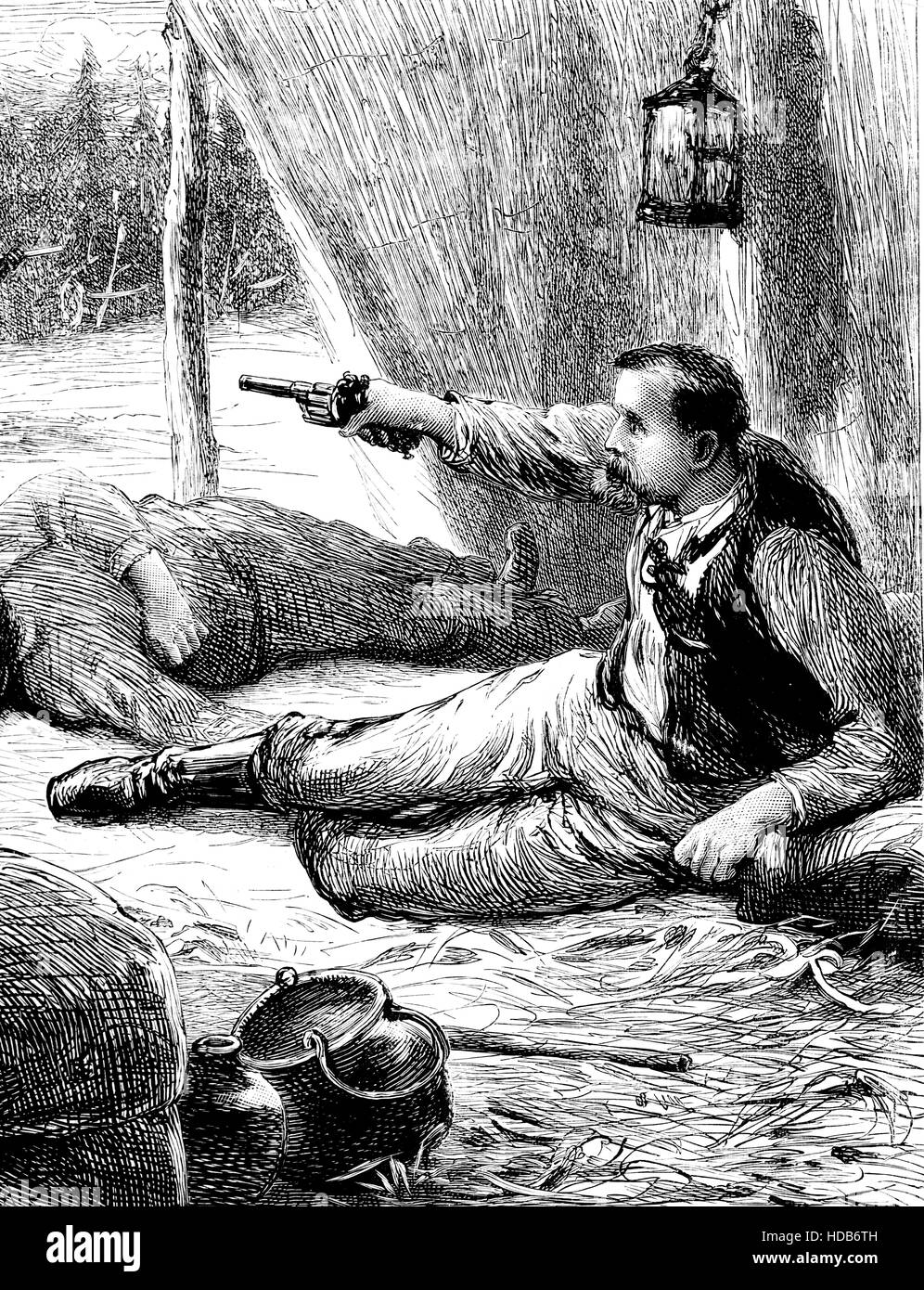 Cowboy difendere camp dal nativo americano Indiano contemporaneo attacco Wild West illustrazione, dal 1884 Chatterbox settimanale per bambini: carta Foto Stock