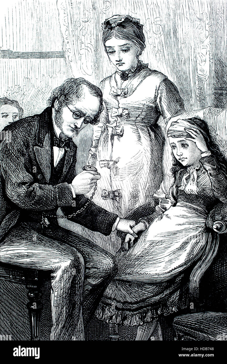 Medico vittoriano prendendo impulso del bambino malato, illustrazione da 1884 Chatterbox settimanale per bambini: carta Foto Stock