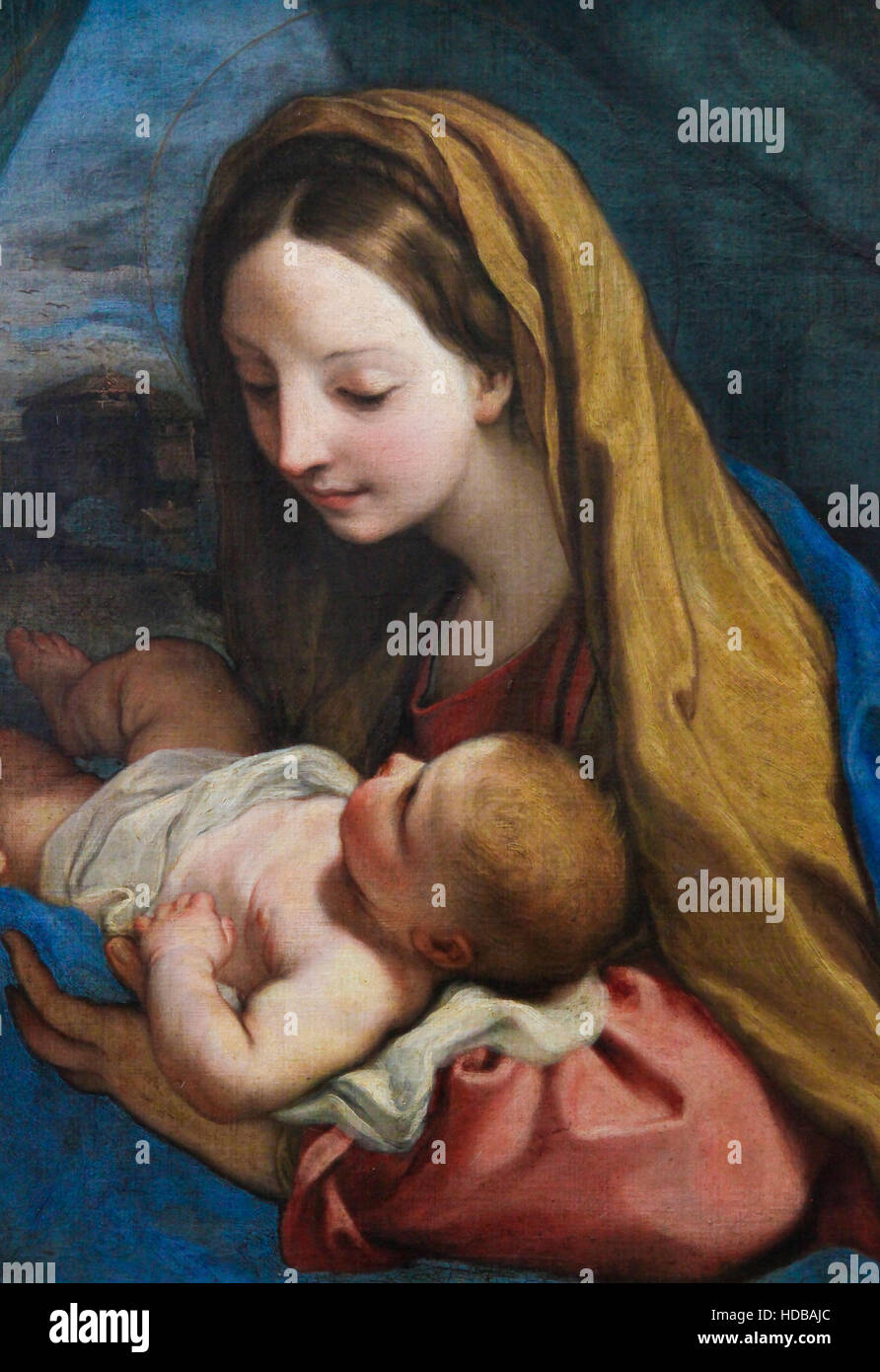 Pittura (1660) raffigurante la Madre Maria e Gesù Bambino Foto Stock