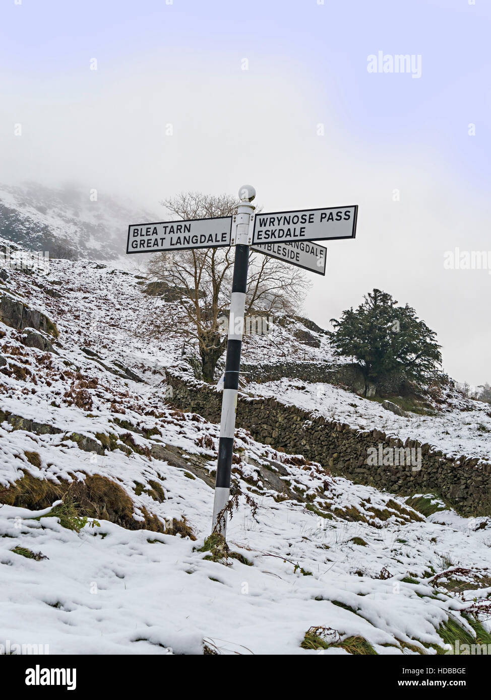 Dito post segno di direzione nella neve poco Langdale, Lake District inglese, Cumbria, Inghilterra, Regno Unito. Foto Stock