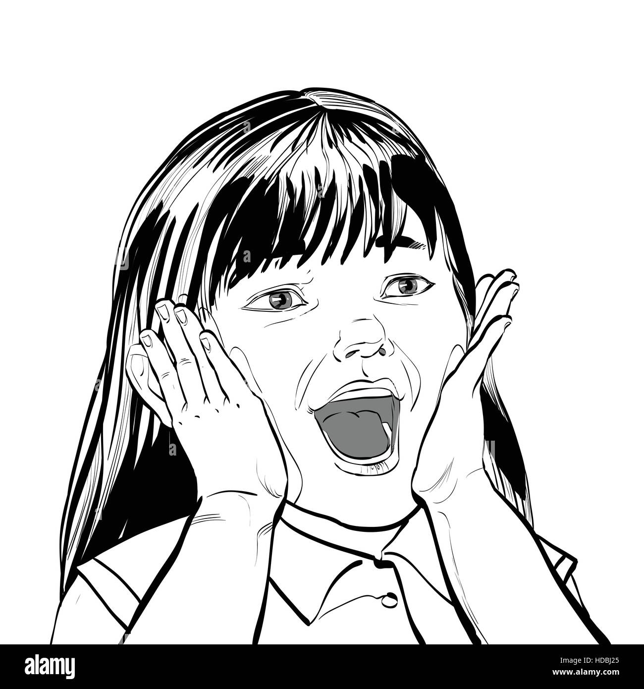 Wow urla carina ragazza in bianco e nero illustrazione Illustrazione Vettoriale