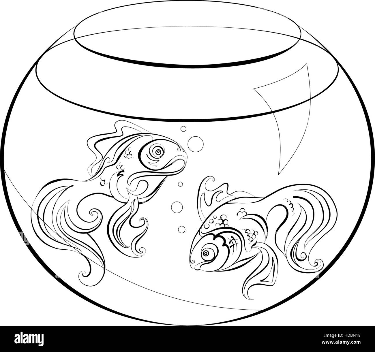 Illustrazione nessun colore di riempimento - due pesciolino stilizzato in un acquario Illustrazione Vettoriale