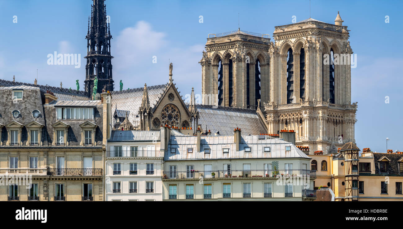 Notre Dame de Paris Cathedral torri e guglie sulla Ile de la Cite in mattina presto luce estiva, Parigi, Francia Foto Stock