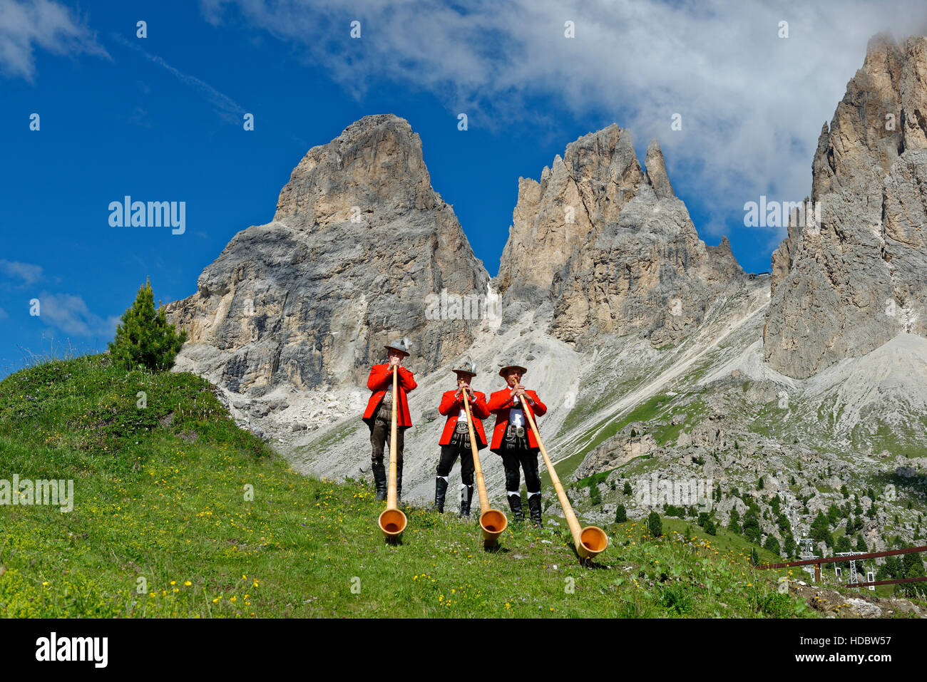 Alphorn giocatori di fronte montagne Sassolungo e Sassopiatto, costume locale gruppo, Fest zur ladinischen Einheit 1946, Sella Foto Stock