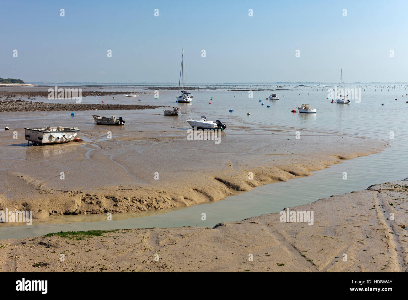 Barche a bassa marea, Ile-d'Aix, Costa Atlantica, Charente-Maritime, Francia Foto Stock