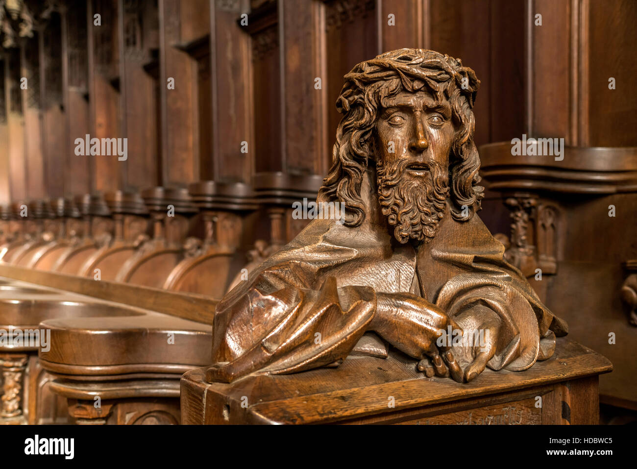 Coro con busto scolpito, Ulm Minster, Ulm, Baden-Württemberg, Germania Foto Stock