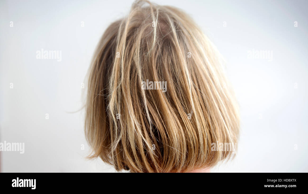 Primo piano della parte posteriore della testa con lunghe pettinate i capelli biondi Foto Stock