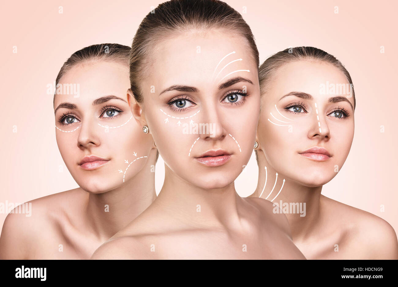 Tre facce della giovane donna con frecce di sollevamento Foto Stock