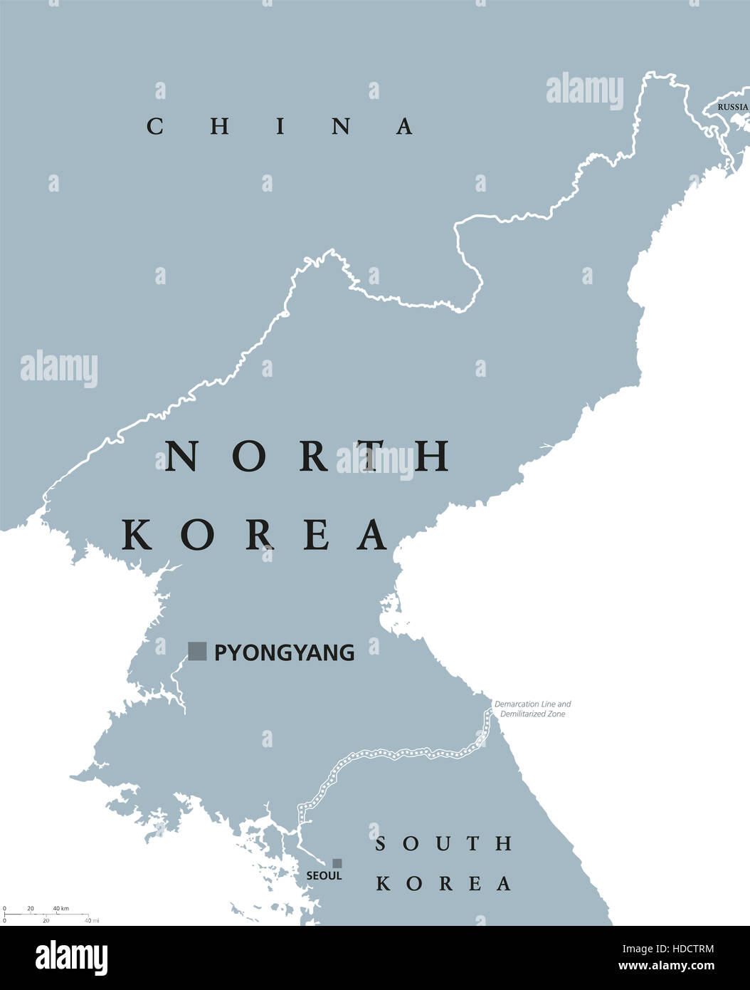 La Corea del Nord mappa politico con capitale Pyongyang e dai confini nazionali. Repubblica democratica popolare in Asia orientale. Foto Stock