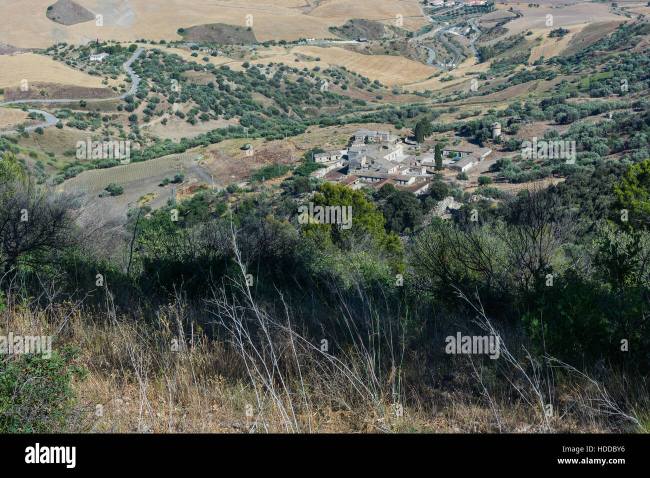 Paesaggi della Sicilia centrale in estate. Con la tipica siciliana di colline e ulivi, con una strada che si snoda attraverso le montagne. Foto Stock