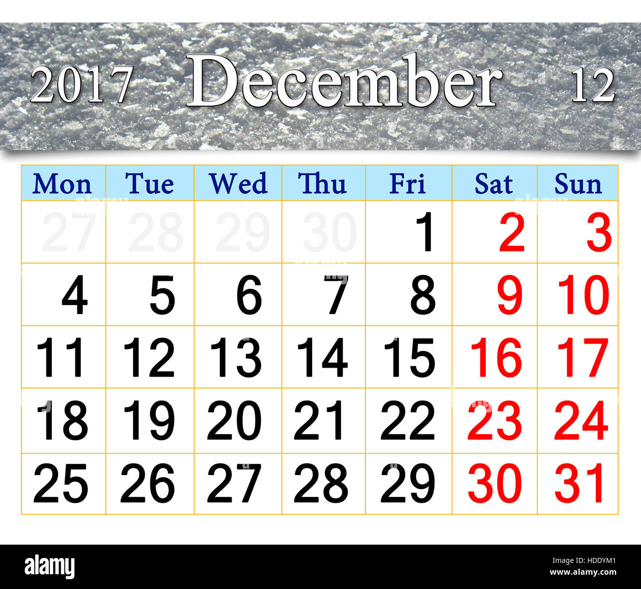 Bellissimo il calendario per il mese di dicembre 2017 con il nastro di strato nevoso Foto Stock