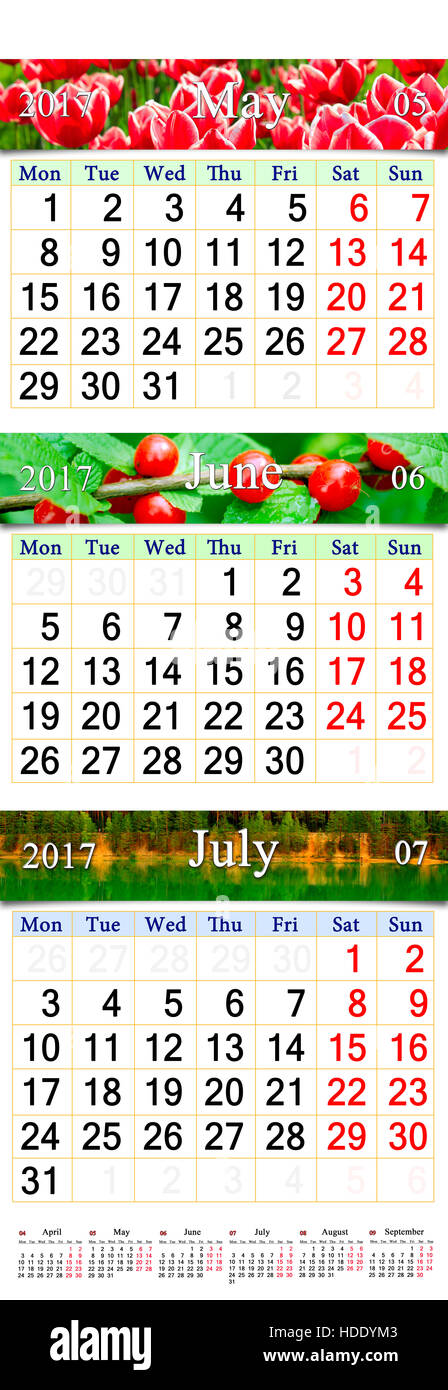 Calendario da parete per tre mesi della primavera Maggio giugno e luglio 2017 con immagini della natura. I calendari per la stampa di massa e utilizzando come parete calendari in di Foto Stock