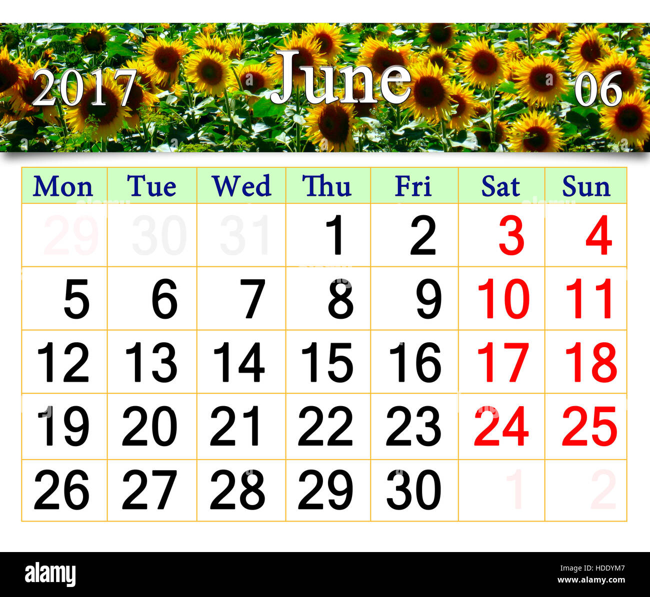 Calendario per il mese di giugno 2017 con frammento di giallo dei girasoli Foto Stock