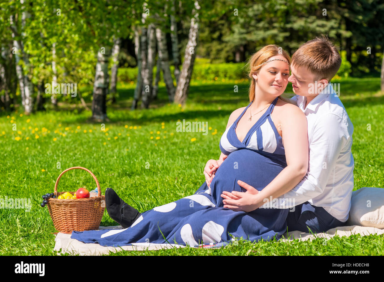 Amorevole coppia giovane in attesa di un bambino e il resto su un picnic nel parco Foto Stock