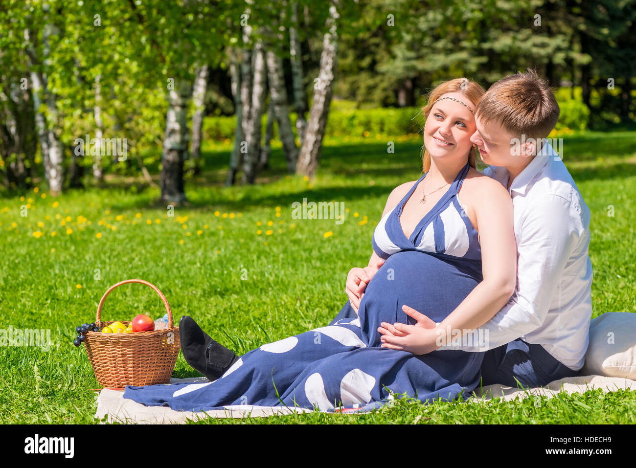 Ritratto di una famiglia felice in previsione di un rifornimento nel parco a un picnic Foto Stock