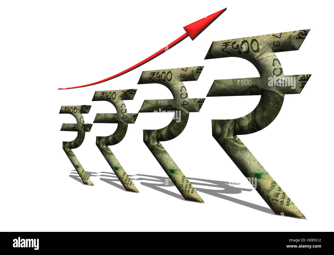 Una illustrazione che mostra la crescita economica attraverso il rupee simbolo con 500 rupee nota inset in il rupee simbolo. Foto Stock
