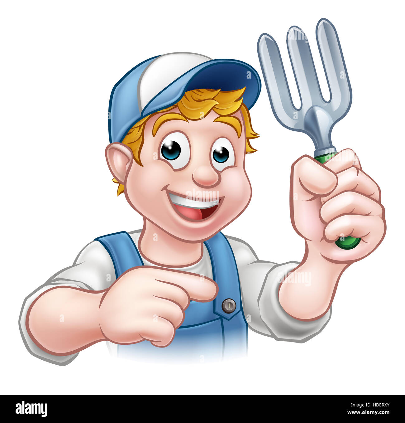 Un cartoon giardiniere tenendo un utensile da giardinaggio e puntamento Foto Stock