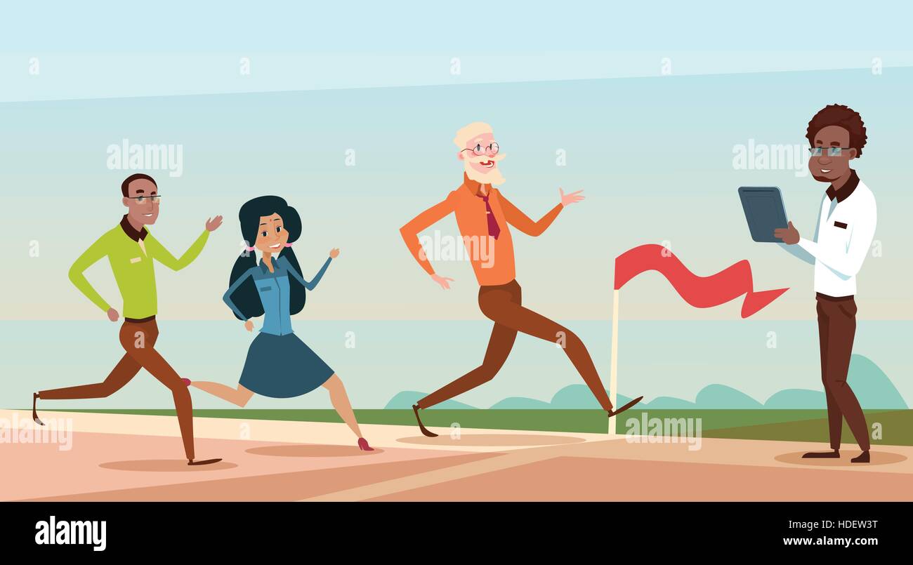 Mix corsa Business gruppo di persone corrono al traguardo del Team Leader concorrenza piatta illustrazione vettoriale Illustrazione Vettoriale