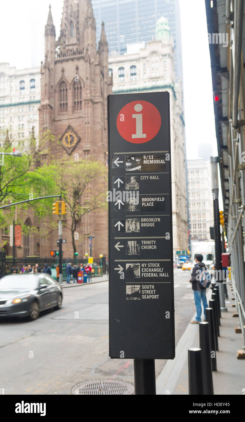 Segno con informazioni turistiche in Lower Manhattan, new york Foto Stock